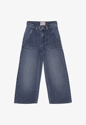Jeans o szerokich nogawkach w ciemnoniebieskim kolorze z wysokim stanem, z dwoma przednimi kieszeniami i zapięciem na guzik. Teksturowany materiał o klasycznym wykończeniu.
