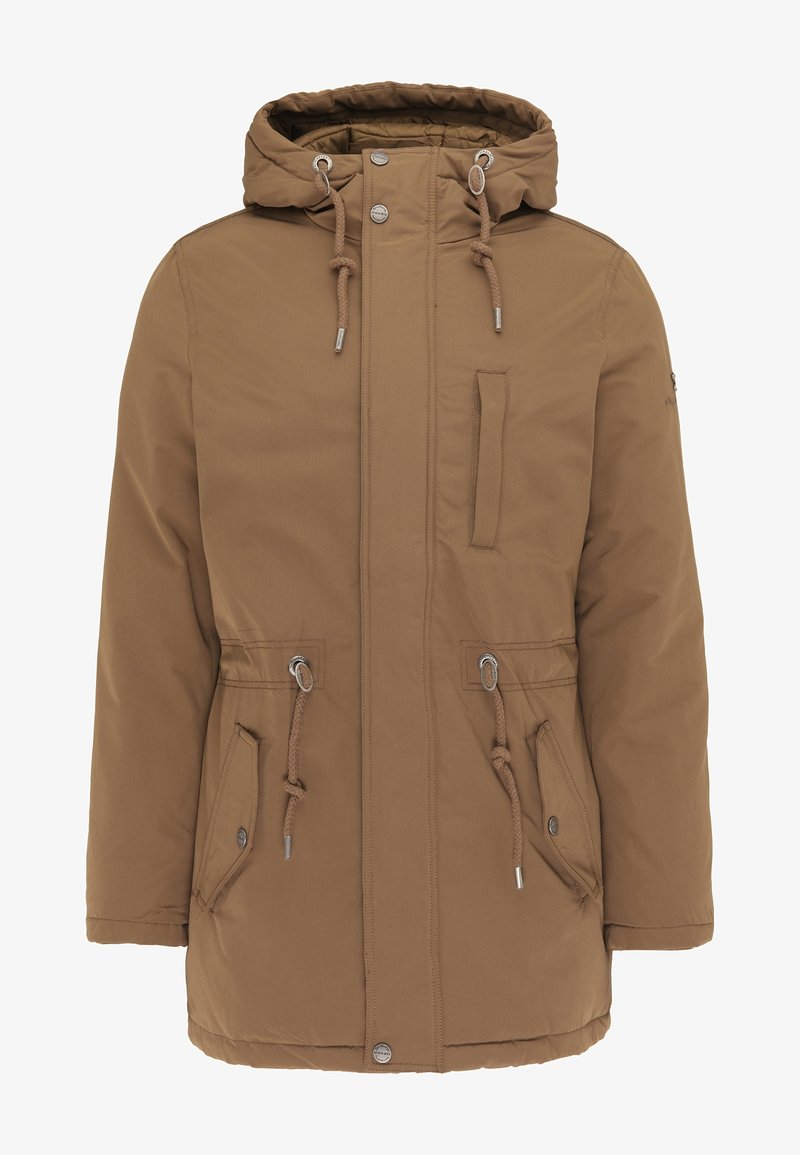 Veste isolante marron avec capuche, dotée d'une fermeture éclair à l'avant, de cordons de serrage, de poches latérales et de boutons-pression pour la fermeture.