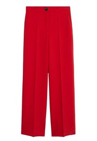 Pantalon rouge taille haute à jambes larges avec plis sur le devant, poches latérales et une fermeture à bouton noir à la taille.