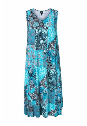 Sukienka bez rękawów w fasonie A z dekoltem w serek, ozdobiona wzorem patchworkowym w odcieniach niebieskiego, czarnego i białego z motywami kwiatowymi i paisley.