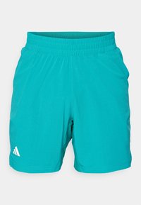 Teal sportieve shorts met een elastische tailleband en een gestructureerd patroon. Bevat een wit logo aan de onderkant links.