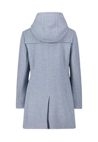 Manteau en laine gris clair à capuche, manches longues, fente au dos et détails de couture, présenté de dos.