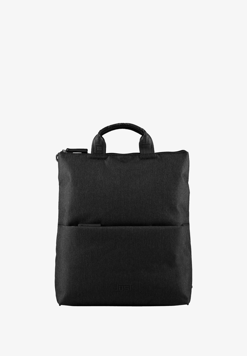 Borsa per laptop nera con due manici superiori, chiusura a zip e una tasca frontale. Realizzata in tessuto resistente con una finitura testurizzata.