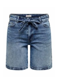 Pantaloni shorts in denim blu chiaro con vestibilità ampia, caratterizzati da una vita legata, tasche anteriori e orlo pulito. La texture è liscia con una leggera scoloritura.