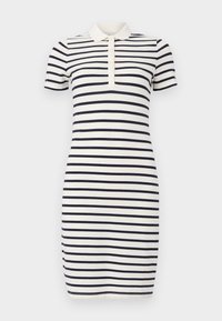 Λευκό και ναυτικό ριγέ κοντομάνικο πόλο φόρεμα με εφαρμοστή σιλουέτα και κουμπωτή πάτιλα κάτω από λευκό γιακά.