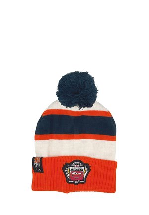 Knitted beanie with navy blue, white, and orange stripes, featuring a pom-pom on top and a "Lightning McQueen" graphic on the cuff.