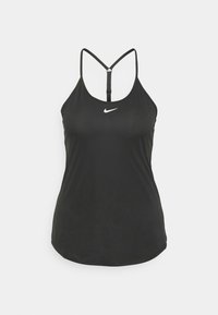 Débardeur de sport noir à coupe ajustée, fabriqué en tissu lisse. Présente une fine bretelle dos nageur et un petit logo blanc Nike à l'avant.