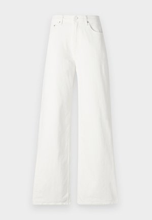 Weiße Jeans im weiten Schnitt aus Denim, mit hohem Bund, fünf Taschen und einem Knopfverschluss vorne. Glatte Textur.