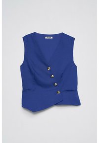 Blue sleeveless vest with a V-neck and four gold buttons arranged in a diagonal line across the front.