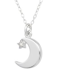 Zilveren hanger in de vorm van een maansikkel met een steraccent en een kleine edelsteen. Het ontwerp is glad met een gepolijste afwerking en een fijne ketting.