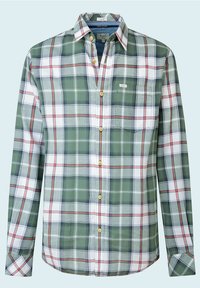 Grön, vit och röd rutigt långärmad skjorta med knapp-up, bröstficka och gula knappar.