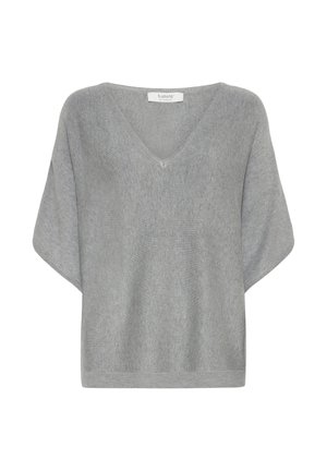 Hellgrauer, kurzärmeliger Pullover mit V-Ausschnitt. Das Material wirkt weich und gestrickt, verfügt über eine lockere Passform und einen strukturierten Saum.
