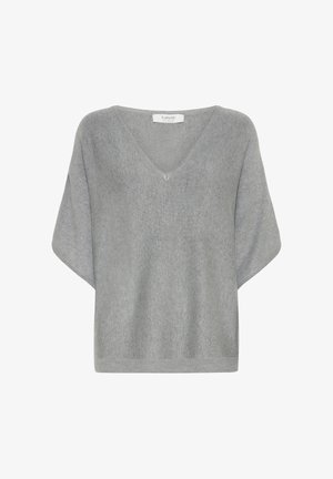 Heled hall, lühikeste varrukatega sviiter, millel on V-kaelus. Materjal näeb välja pehme ja kudum, omades laia siluetti ning struktureeritud alläärtega.