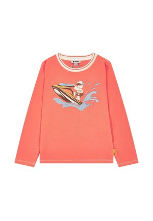 Coral long-sleeve child's shirt with a graphic of a bear wearing a cap riding a jet ski splashing water.