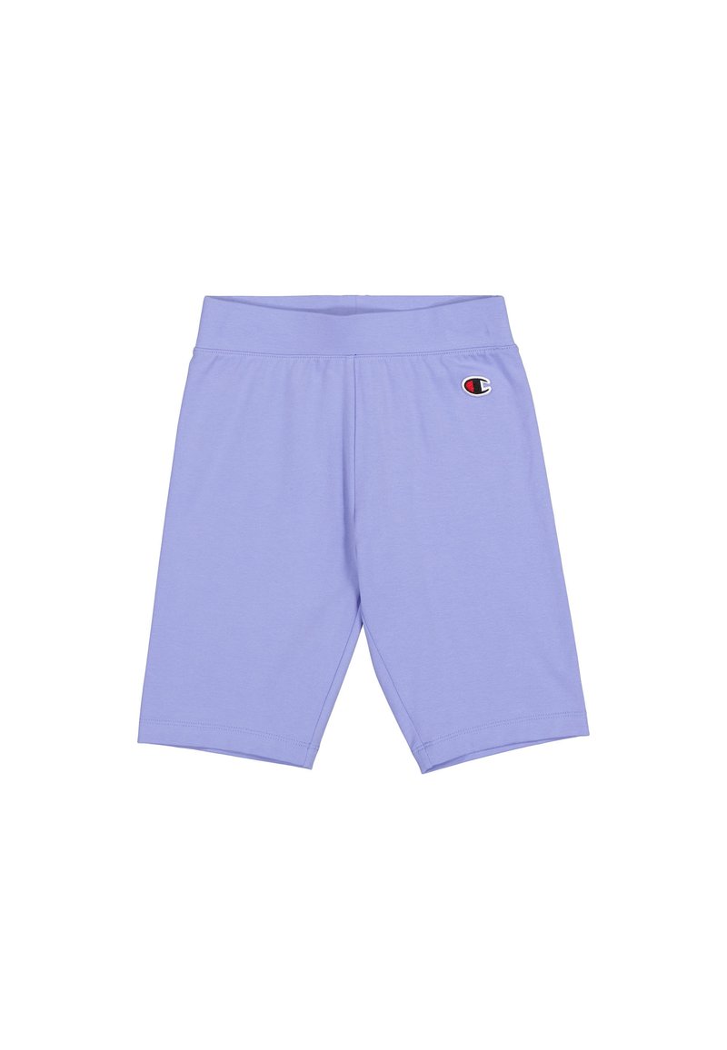 Shorts en coton violet clair avec une taille ajustée et un petit logo brodé en rouge et noir sur la cuisse gauche.