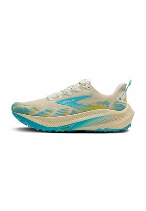 Beige and turquoise Brooks running shoe with lace-up closure, cushioned sole, and breathable mesh upper, shown from right side.