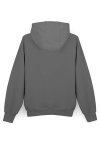 Szara bluza z kapturem, charakteryzująca się gładką fakturą, luźnym krojem, ściągaczami na rękawach oraz dużym kapturem. Brak widocznych logotypów lub wzorów.