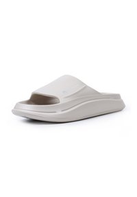 Light gray slide sandal with an open toe, smooth rubber material, subtle wave details on the side, and a small logo near the upper.