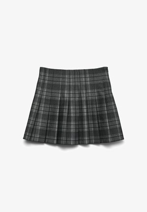 Jupe plissée en tartan noir et gris avec une texture lisse, présentant des lignes verticales et horizontales pour un design structuré.