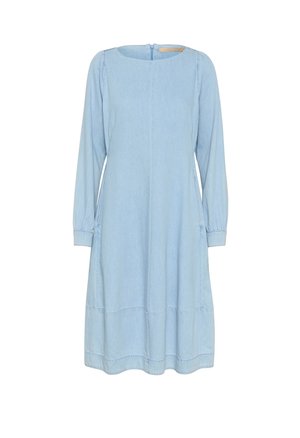 Helles blaues, langärmliges Kleid aus Denim-Stoff. Mit rundem Ausschnitt, rüschierten Ärmeln und Nahtdetails am Saum.