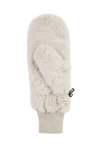 Flauschige beige Handschuhe mit plüschiger Textur, elastischem Strickbund und Verstellriegel für sicheren Sitz. Geeignet für den Einsatz bei kaltem Wetter.