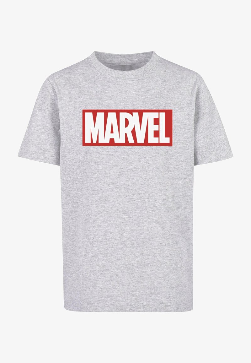 Hallava hall puuvillane T-särk, millel on silmapaistev punane ristkülikuline logo, millel on julged valged tähed "MARVEL". Lühikesed varrukad ja ümar kaelus.