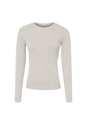 Lichtgrijs, nauwsluitend dames topje met lange mouwen, ronde hals en eenvoudig ontwerp, weergegeven op een witte achtergrond.