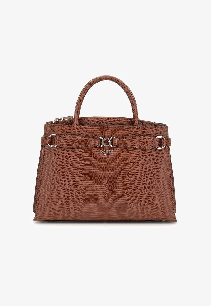 Sac à main en cuir marron texturé avec double poignées supérieures, détail de boucle argentée et logo Guess au centre à l'avant.