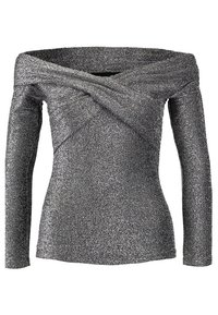Top off-the-shoulder in tessuto metallico argento, con maniche lunghe, design anteriore intrecciato e finitura liscia e texurizzata.