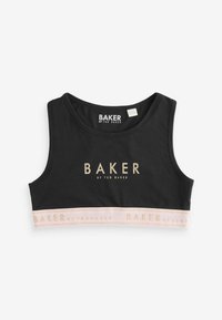Sort kortærmet tanktop med logoet "BAKER by TED BAKER" i guld på fronten og et lys rosa elastisk bånd med gentaget branding.