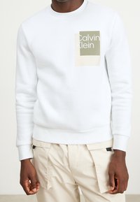 Sudadera blanca con puños y dobladillo acanalados. En la parte delantera presenta un gráfico rectangular con "Calvin Klein" en blanco sobre un fondo verde y beige.