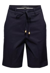 Pantalones cortos de algodón azul marino con cintura ajustable y puntas metálicas doradas, que presentan bolsillos laterales y un diseño de corte recto.