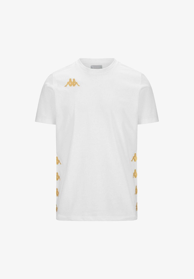T-shirt en coton blanc avec des logos Kappa dorés de chaque côté. Design classique à col rond avec des manches courtes et une coupe standard.