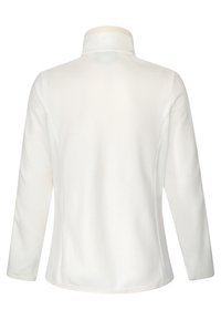 Veste en fleece blanche avec un col haut, des manches longues et une texture lisse. Pas de logos ou de motifs visibles ; design épuré et minimaliste.