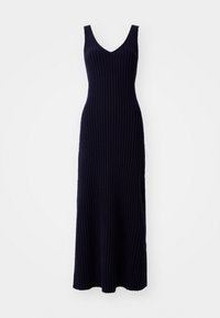 Robe maxi sans manches bleu marine en tricot côtelé avec col en V et corsage ajusté s'évasant légèrement vers l'ourlet.
