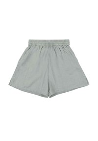 Hellgrüne, gewebte Shorts aus Stoff mit einem elastischen Bund, seitlichen Taschen und einer lässigen Passform. Sie verfügen über eine dezente Textur und einen geraden Saum.