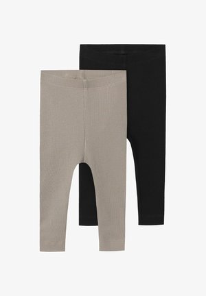 Due paia di leggings, uno in tessuto a coste beige chiaro e l'altro in tessuto a coste nero uniforme, entrambi con vita elastica e design alla caviglia.