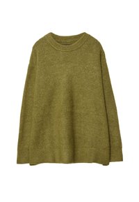 Olive zielony, oversize'owy sweter z dzianiny z prążkowanym okrągłym dekoltem i wykończeniem. Materiał ma miękką strukturę z subtelnym blaskiem. Luźny krój, długie rękawy.