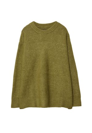 Maglione oversized color verde oliva in maglia, con collo a girocollo e orlo a coste. Il tessuto ha una consistenza morbida con una leggera lucentezza. Vestibilità ampia, maniche lunghe.