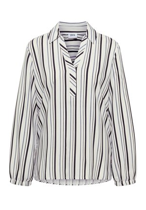 Witte blouse met lange mouwen en zwarte verticale strepen, V-hals met kraag, licht geplooide manchetten en losse pasvorm.