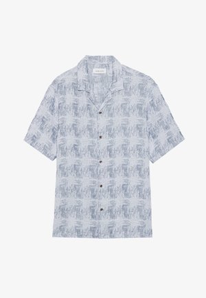 Short-sleeve button-up shirt in light blue, featuring a textured, patterned fabric with a subtle geometric design and brown buttons.