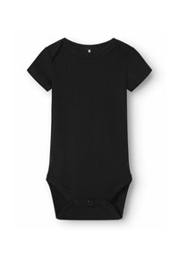 Bodysuit noir à manches courtes en coton, avec un col rond, une fermeture à boutons-pression en bas et une texture lisse.