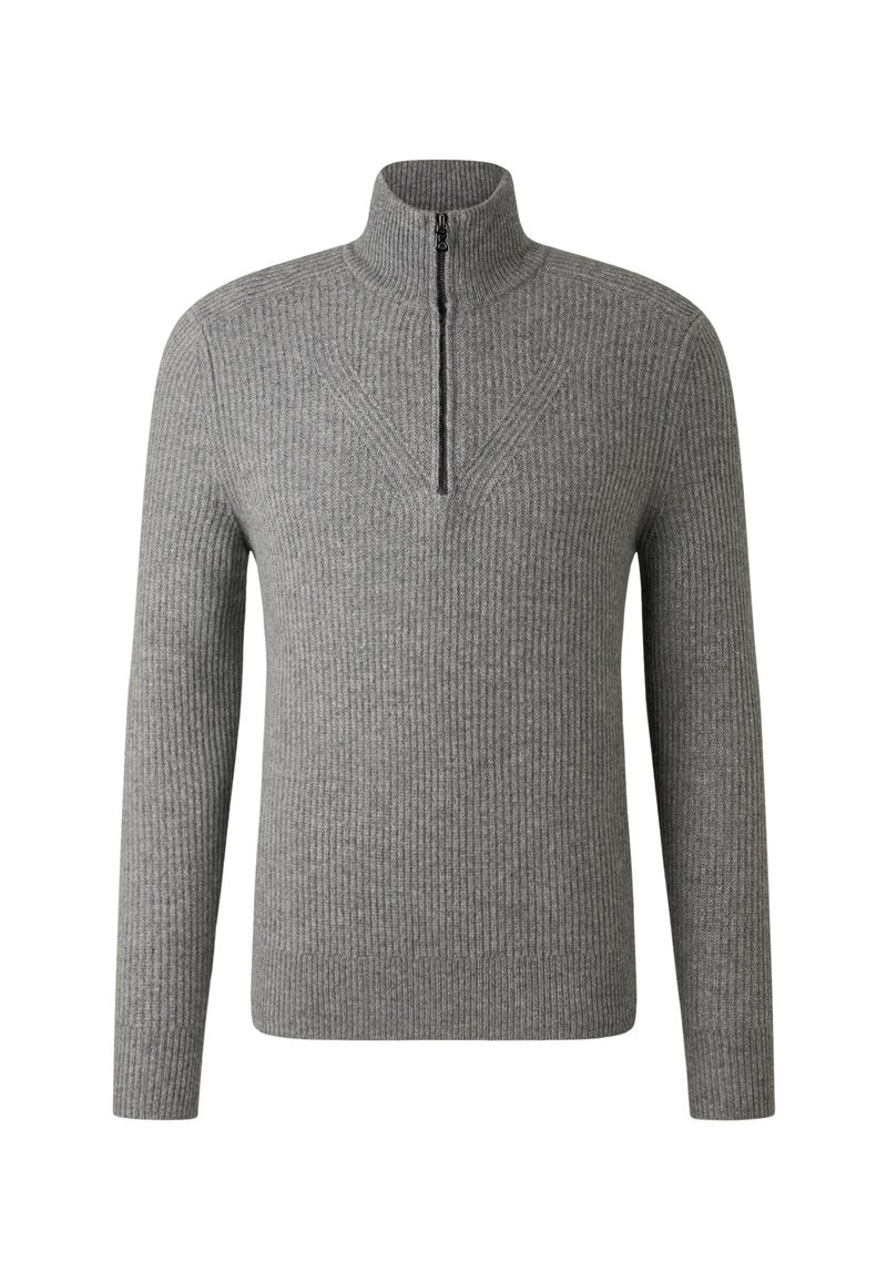 Grauer, gerippter Pullover mit hohem Kragen und einem halben Reißverschluss; verfügt über ein strukturiertes Strickmuster und ein V-förmiges Design auf der Brust.