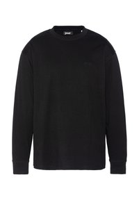 Schwarzes Langarm-T-Shirt aus festem Stoff, mit rundem Halsausschnitt und kleinem Logo auf der Brust. Einfaches Design und gerader Schnitt.