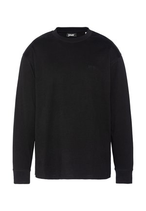 Zwarte langärmy t-shirt gemaakt van stevige stof, met een ronde halslijn en een klein logo op de borst. Eenvoudig ontwerp en rechte snit.