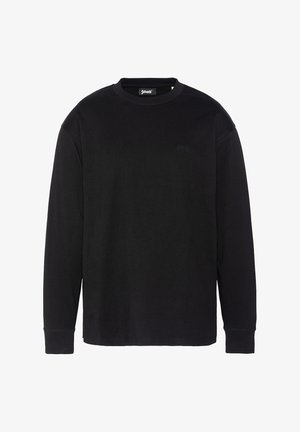 Schwarzes Langarm-T-Shirt aus festem Stoff, mit rundem Halsausschnitt und kleinem Logo auf der Brust. Einfaches Design und gerader Schnitt.