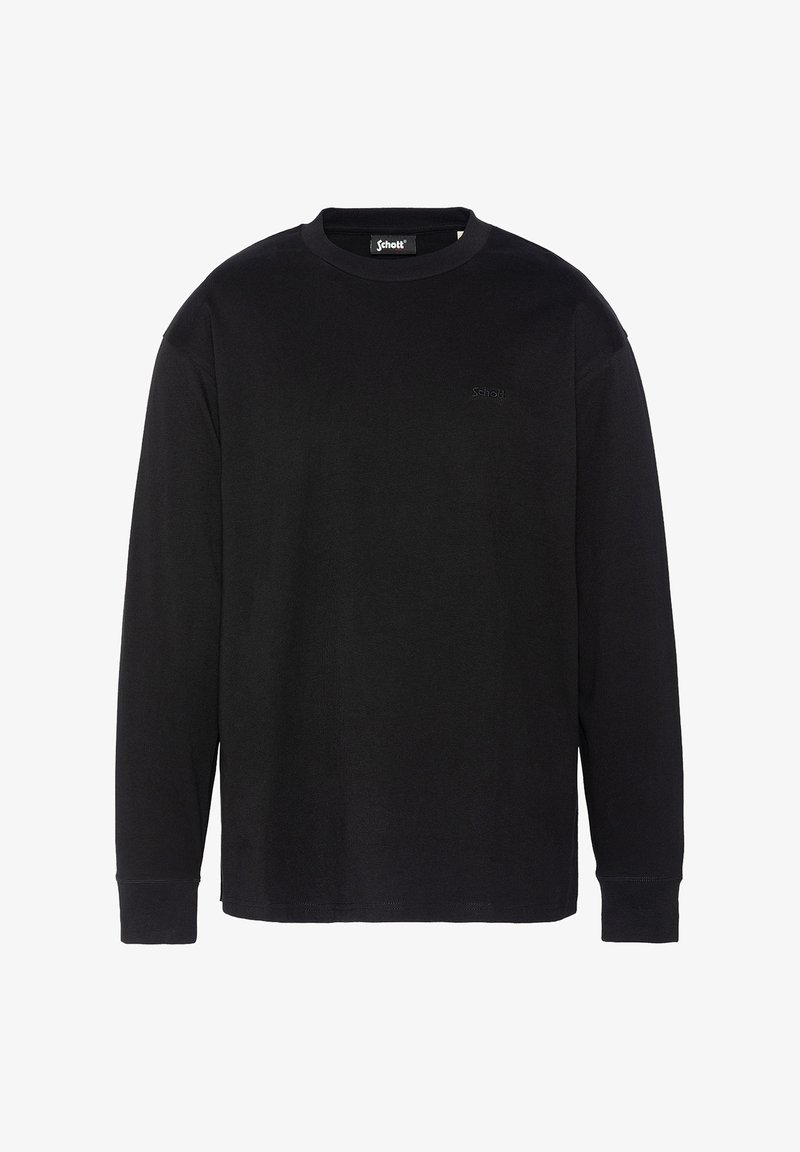 Schwarzes Langarm-T-Shirt aus festem Stoff, mit rundem Halsausschnitt und kleinem Logo auf der Brust. Einfaches Design und gerader Schnitt.