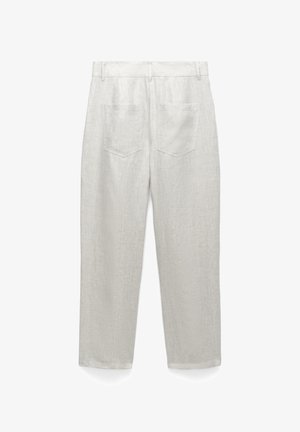 Light beige linen pants shown from the back, featuring two patch pockets and belt loops on the waistband.