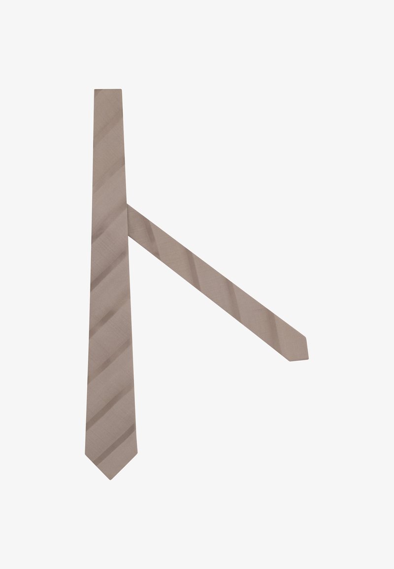 Cravate beige avec des rayures diagonales discrètes, posée à plat avec l'avant et l'arrière visibles, sur un fond blanc.