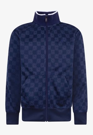 Marineblå zip-up joggedraktjakke i lett stoff, med et helhetlig geometrisk mønster og ribbestrikkede ermer, samt sidelommer.